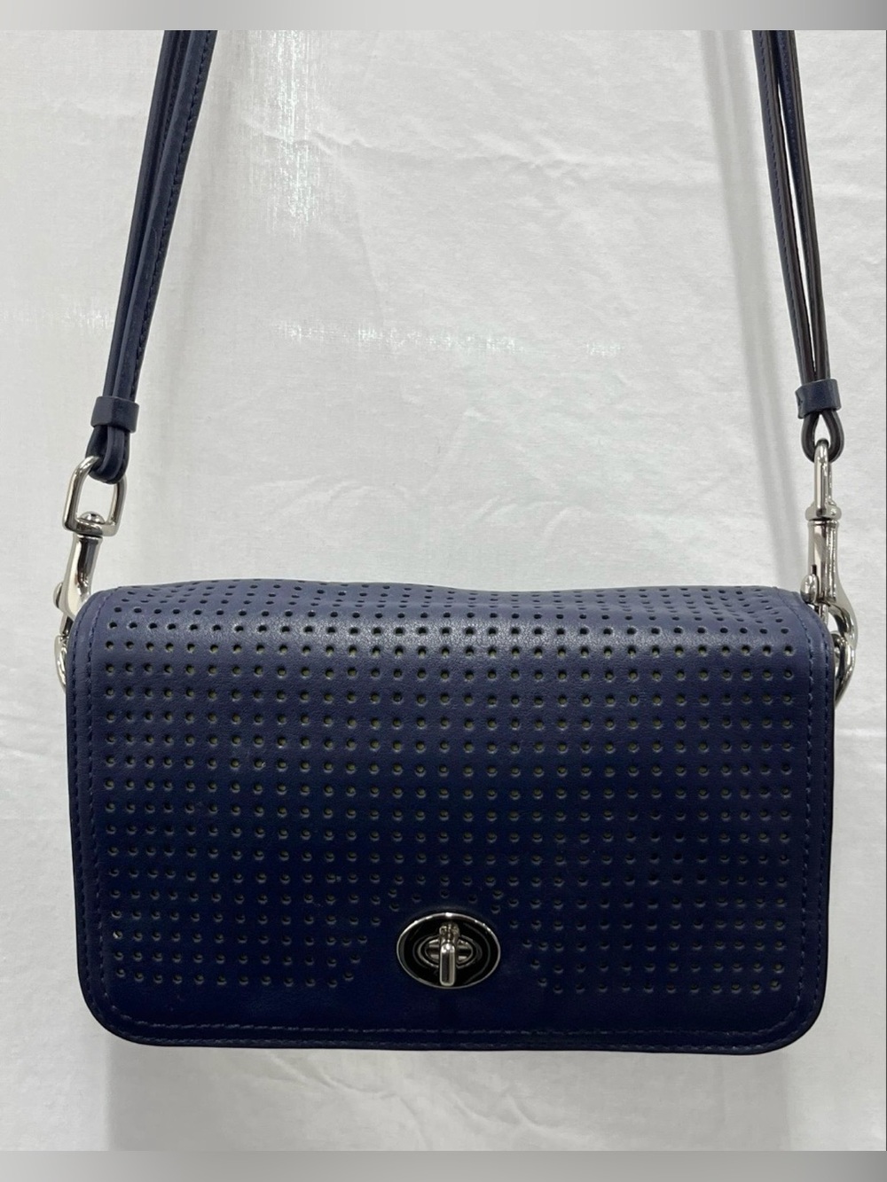 Vintage COACH Perforated Leather Navy Blue “Penny” Crossbody w/ Yellow Accents